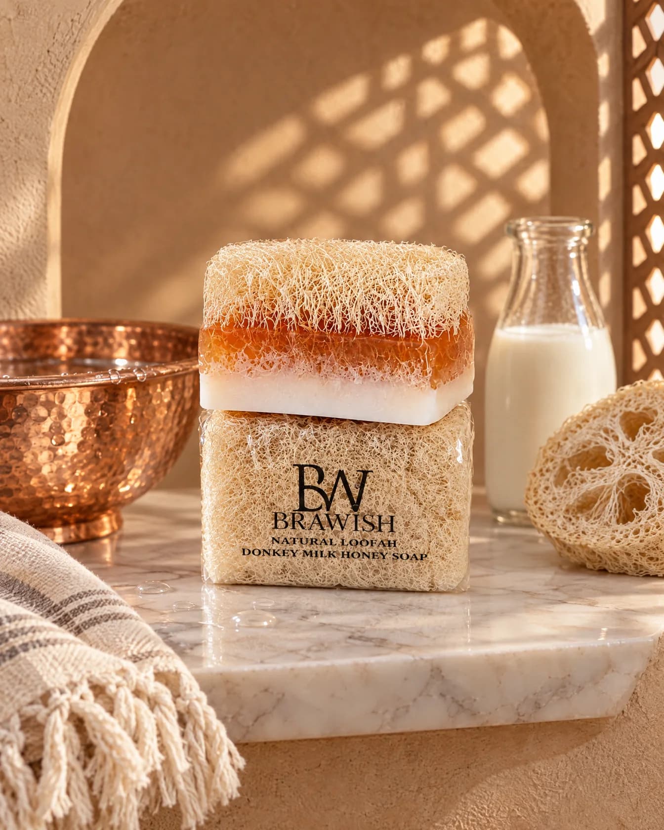 Donkey Milk & Honey Loofah Soap, on hammam marble