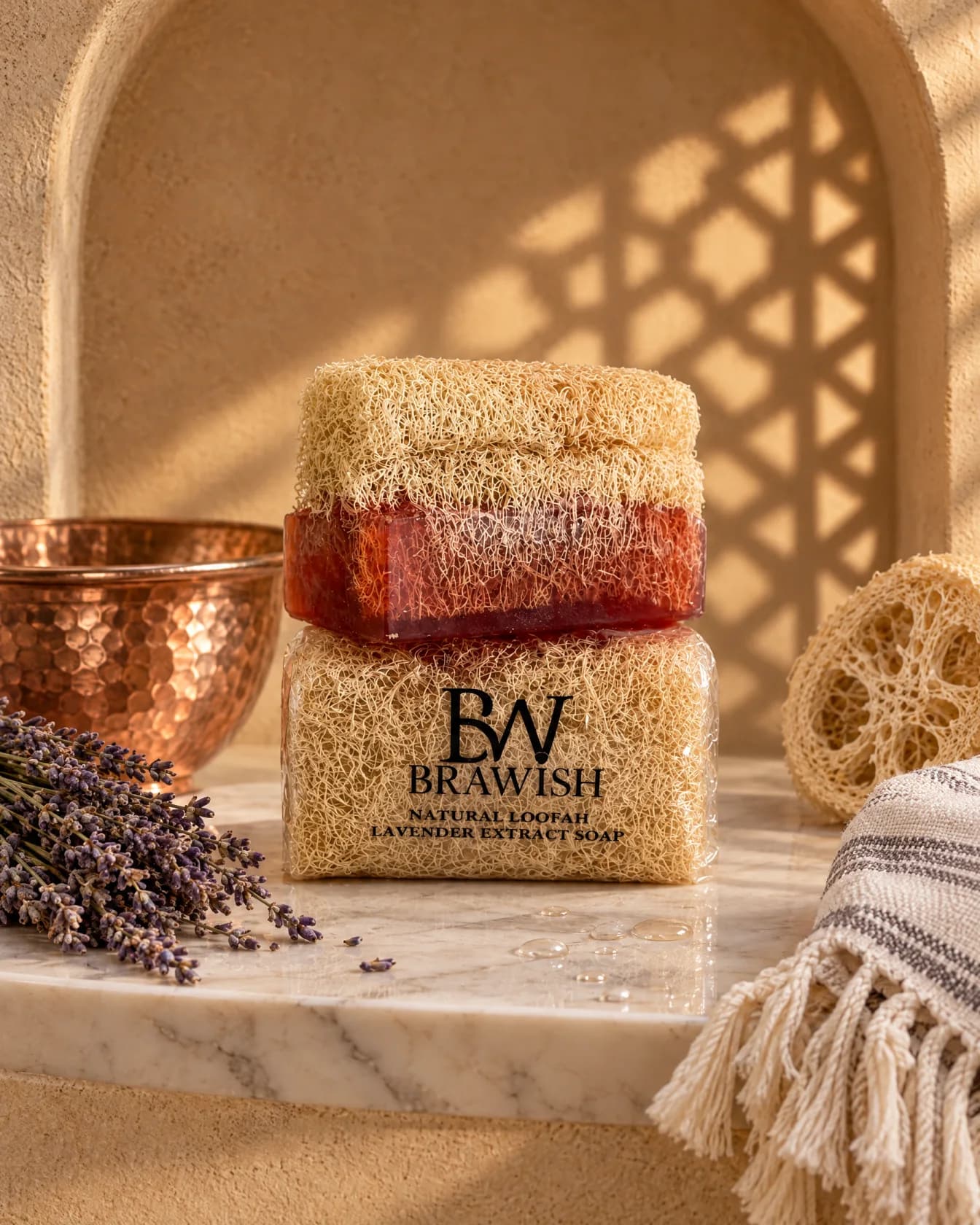 Lavender Loofah Soap, on hammam marble