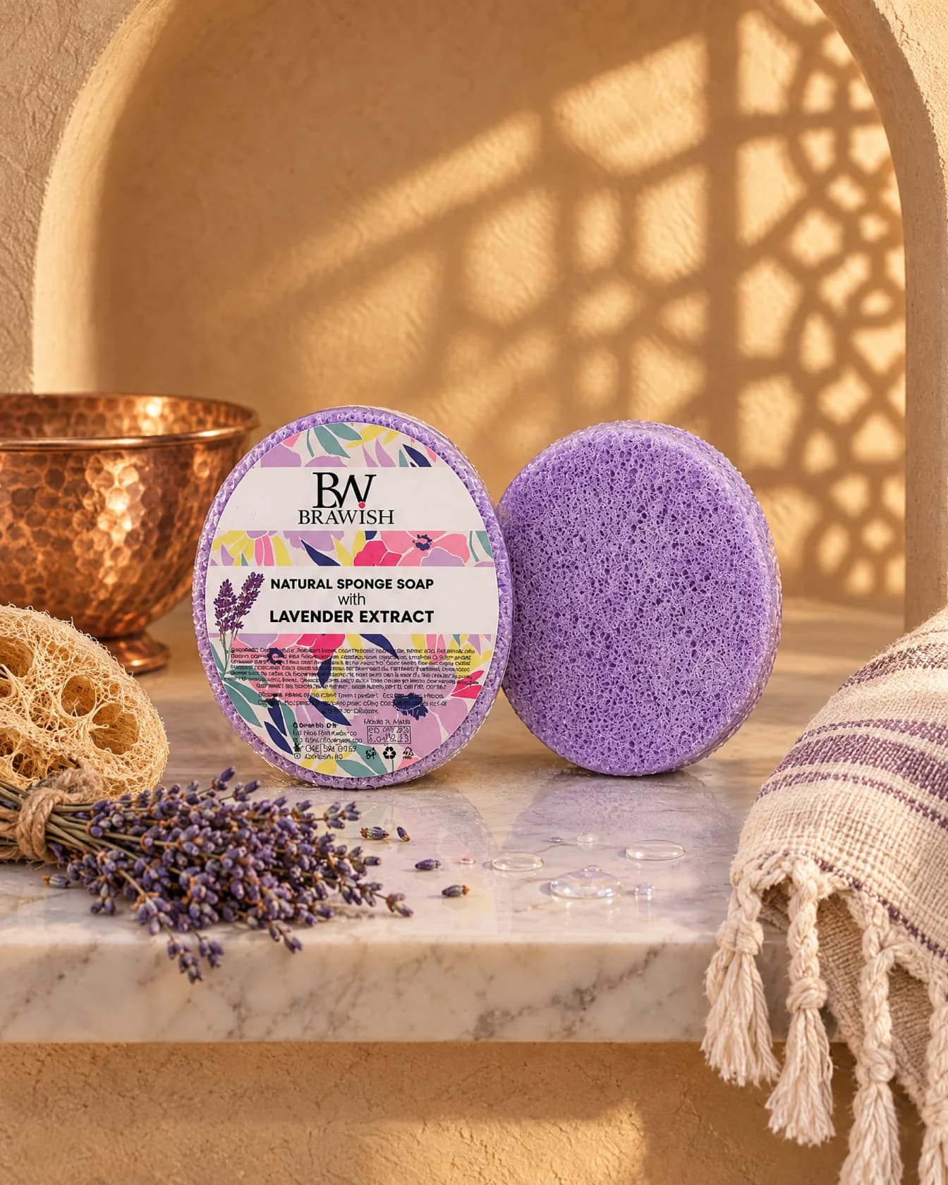 Lavender Sponge Soap, on hammam marble