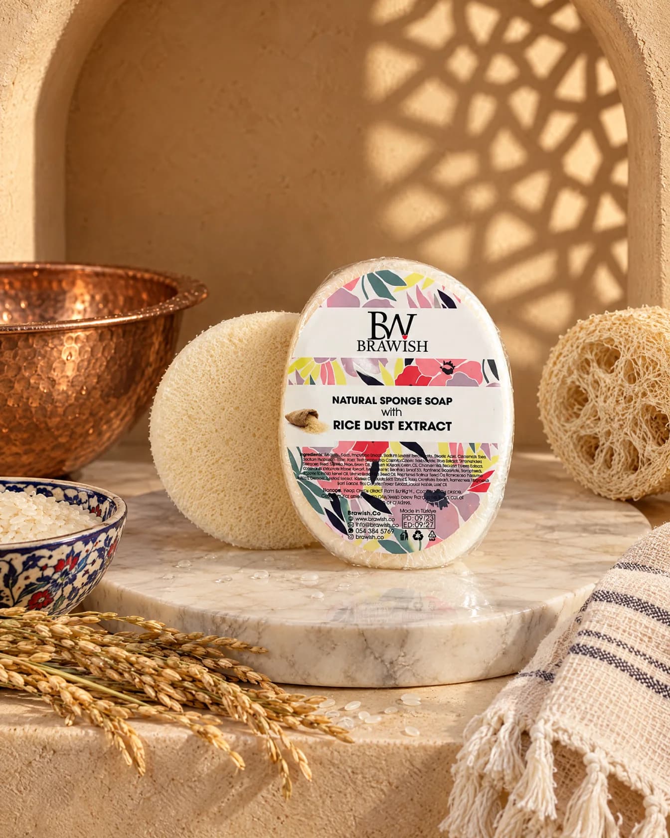 Rice Dust Sponge Soap, on hammam marble